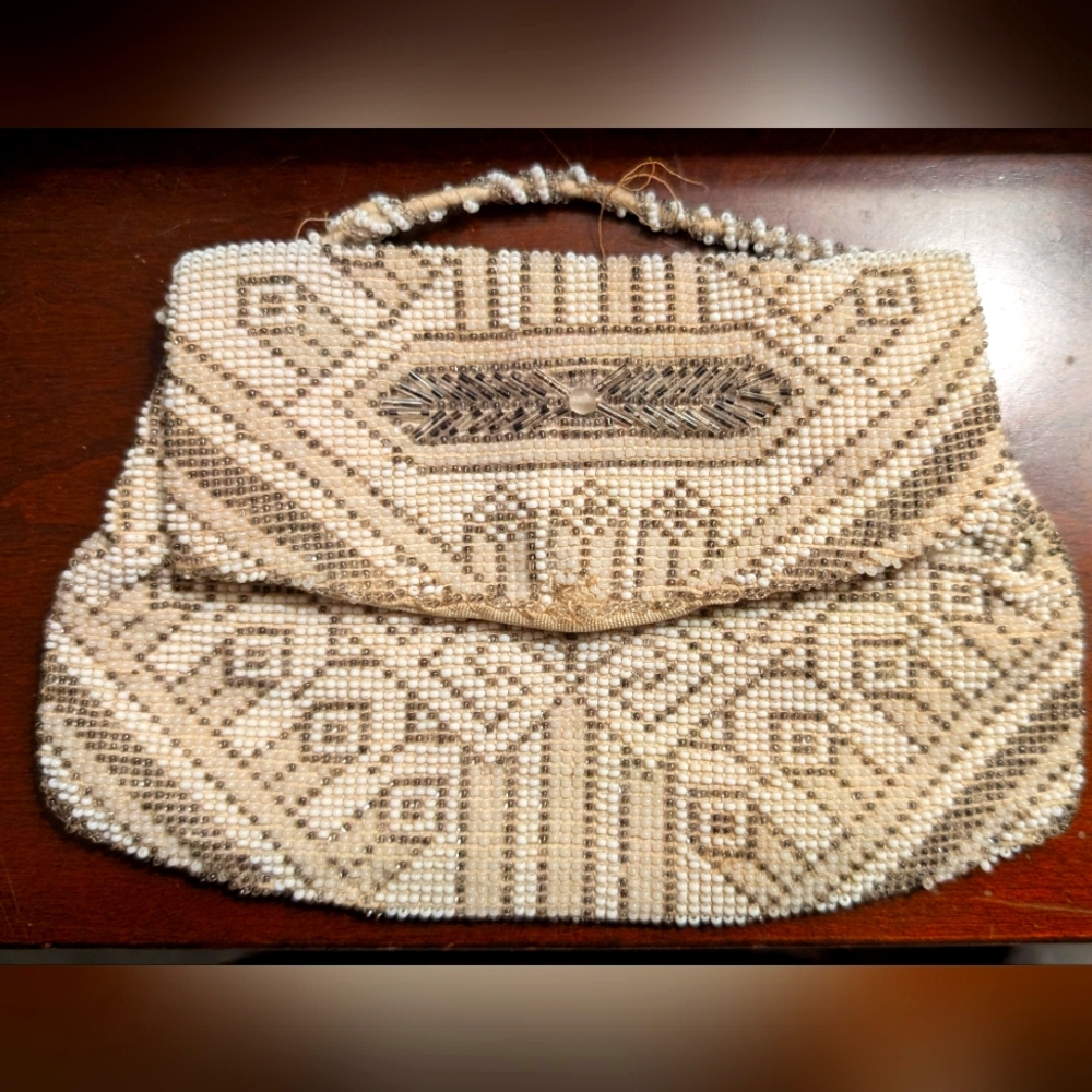 Antique Art Deco Hand Seed Beads Micro Beaded Cream Silver Evening Purse Clutch
